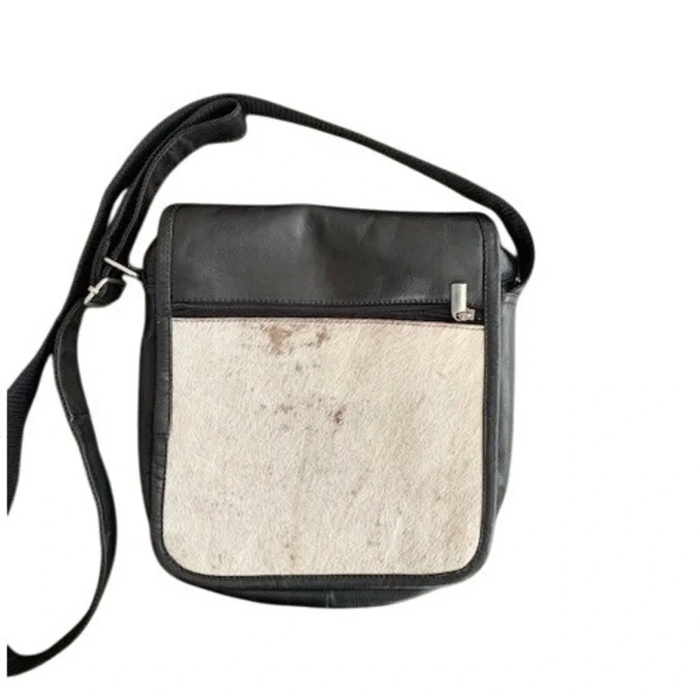Black Leather Calf‎ Hair Messenger Crossbody Bag Western Boho Travel Organizer